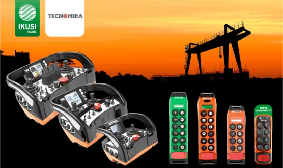 Família de rádios controle Ikusi alinhados, do compacto ao modelo com joysticks